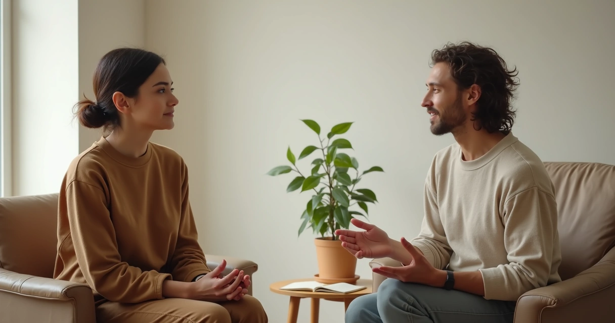 Duas pessoas em diálogo profundo em sala simples com foco na escuta atenta 