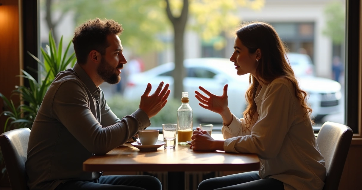 Duas pessoas conversando com atenção plena em uma cafeteria tranquila 