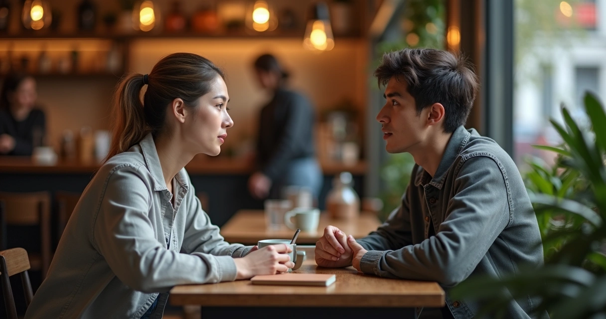 Duas pessoas conversando com atenção plena em uma cafeteria tranquila 
