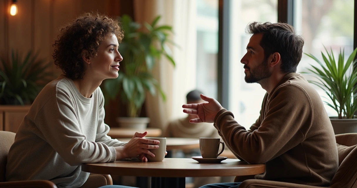Duas pessoas conversando com atenção plena em uma cafeteria tranquila 