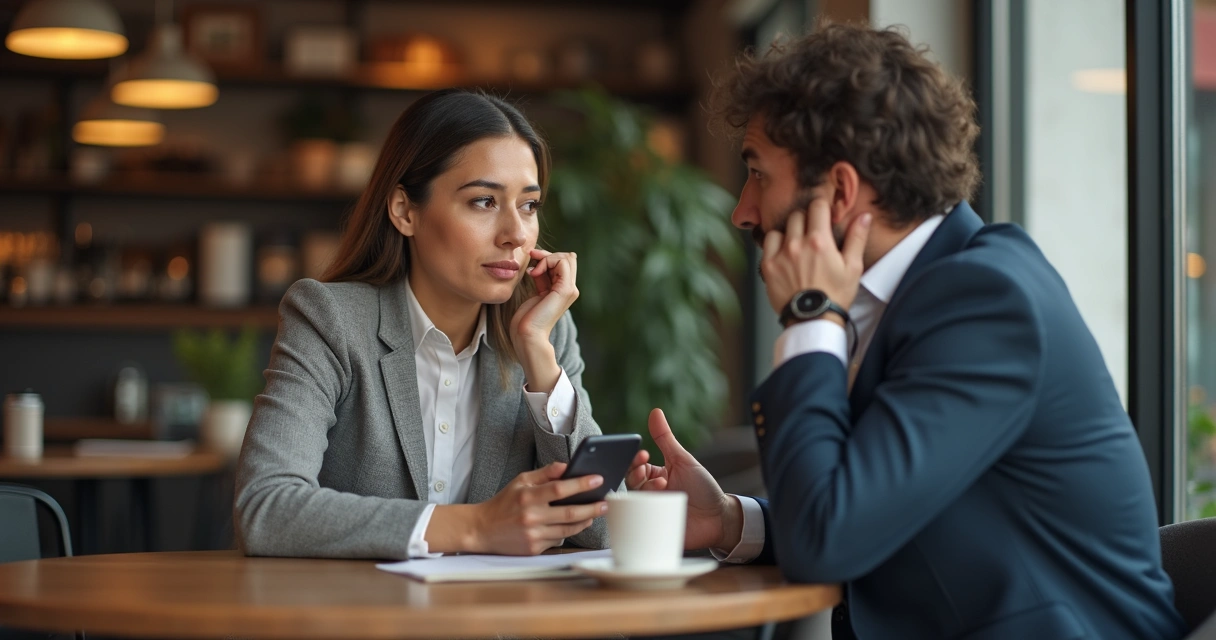Gestor levando o cliente para uma conversa privada no celular, ambos sentados em uma cafeteria 
