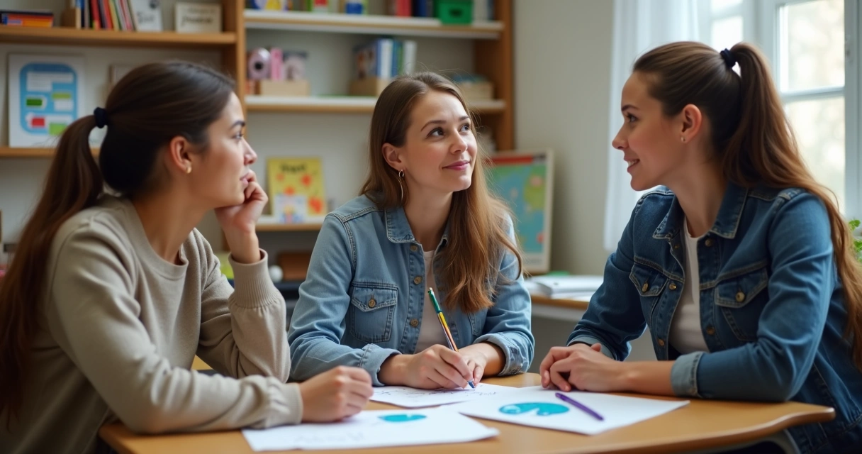 Professor conversando com responsáveis em ambiente escolar