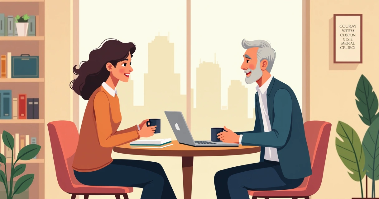 Jovem conversa com profissional experiente em um escritório moderno 