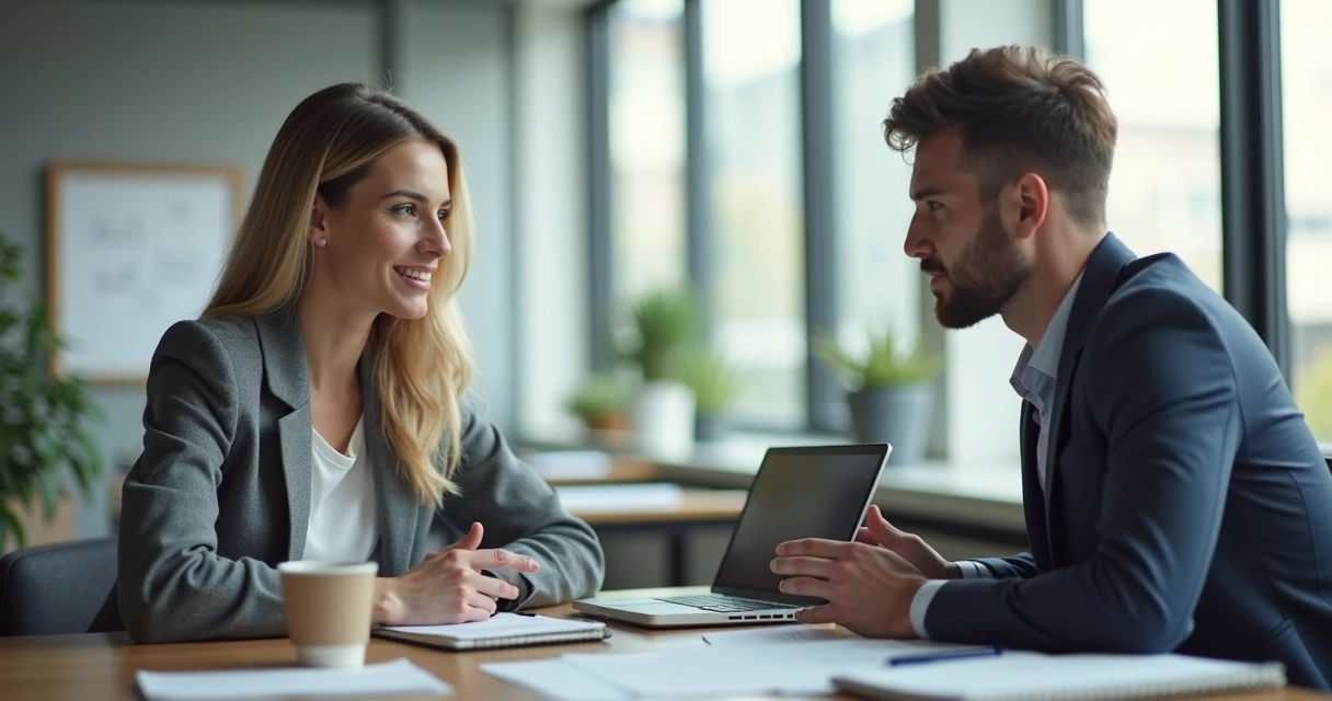 Duas pessoas em conversa profissional no escritório 
