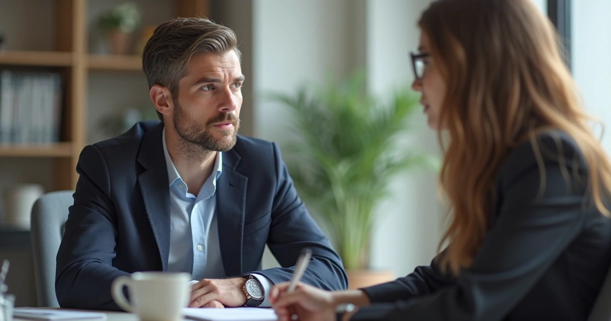 Dois profissionais conversando com atenção em ambiente de trabalho
