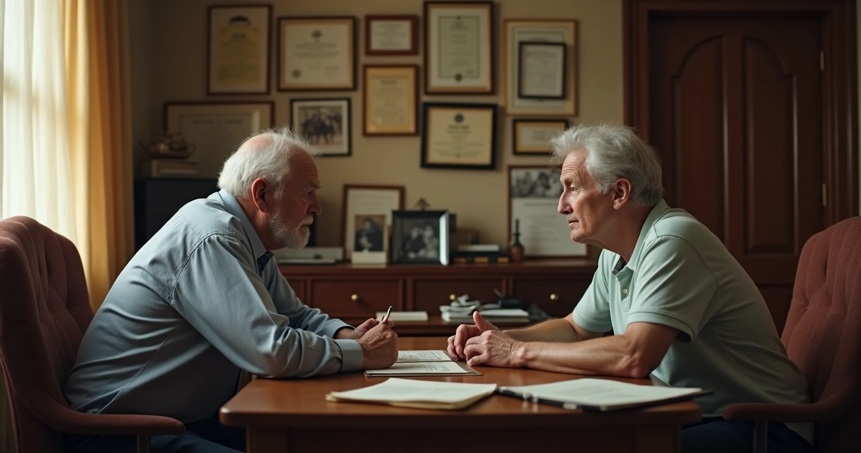 Duas pessoas conversando em uma sala com móveis antigos 