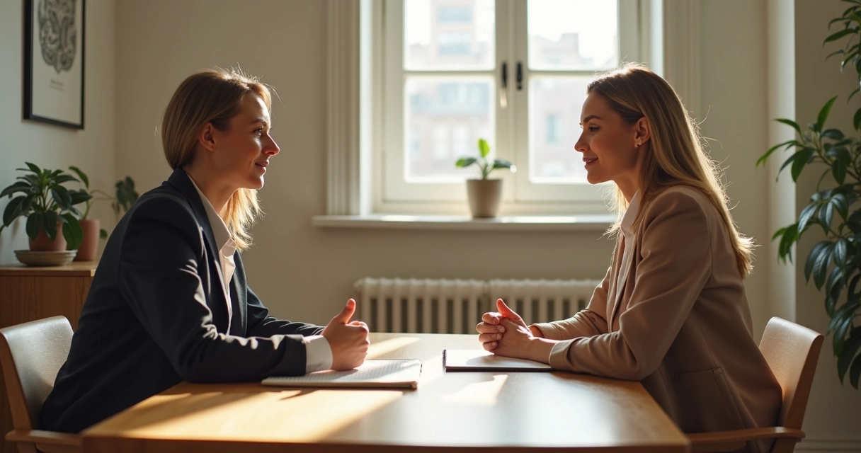 Dois profissionais conversando com abertura e respeito em escritório