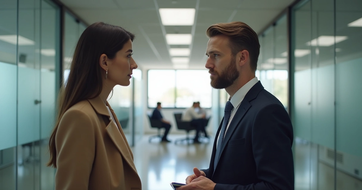 Dois colegas conversando com seriedade no corredor do escritório 