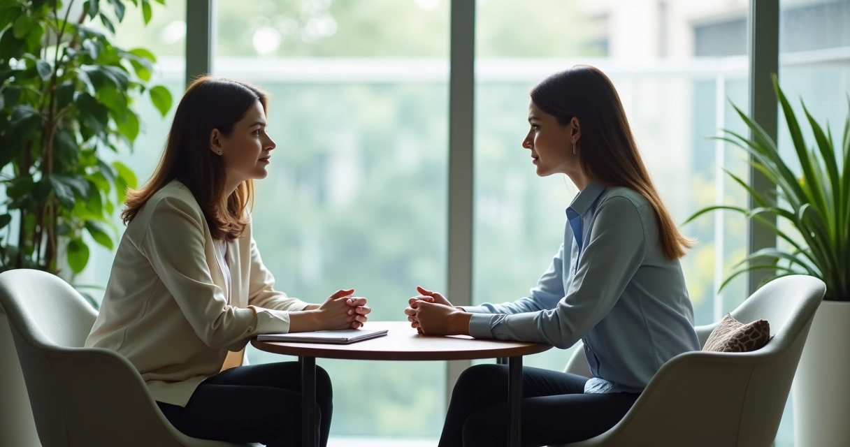 Dois colegas conversando com calma em ambiente de trabalho 