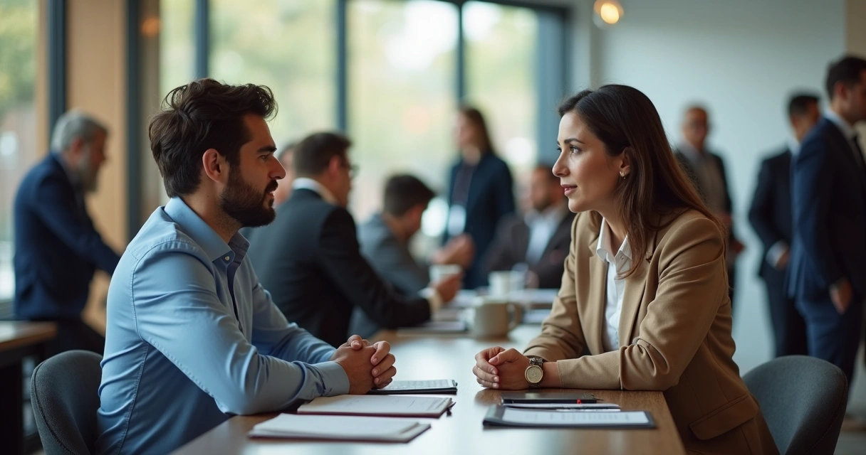 Duas pessoas conversando em evento profissional com ambiente corporativo ao fundo 