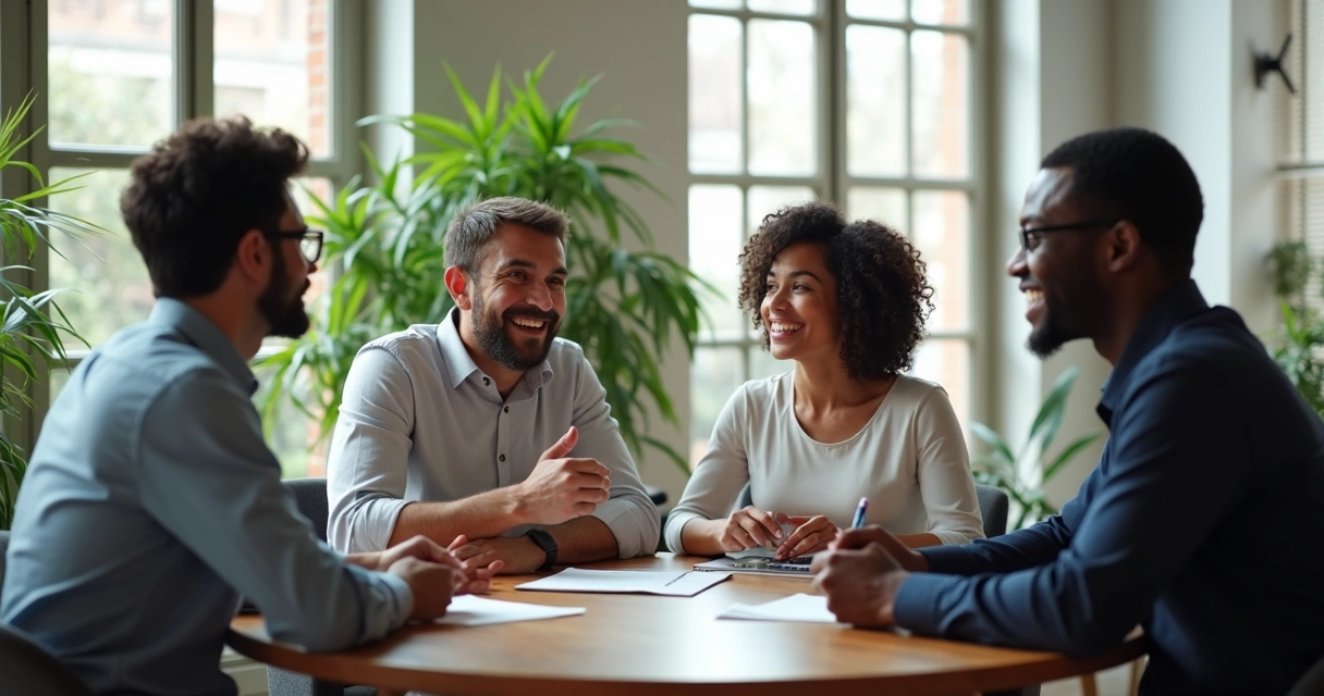 Profissionais conversando em uma mesa redonda, com expressões tranquilas e postura aberta 