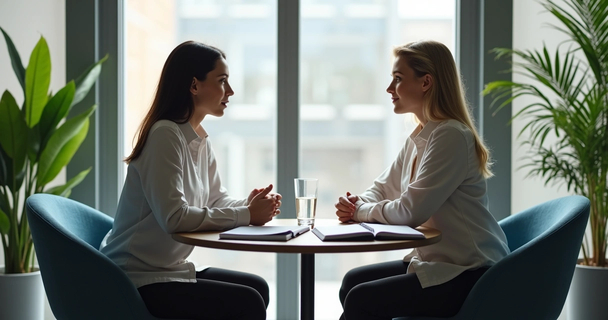 Duas pessoas conversando de forma respeitosa em sala de reunião
