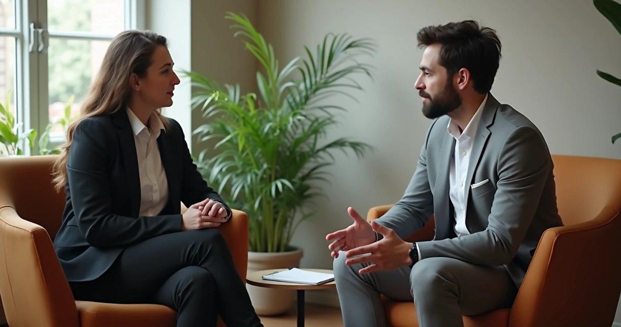 Dois profissionais conversando com respeito em sala privada