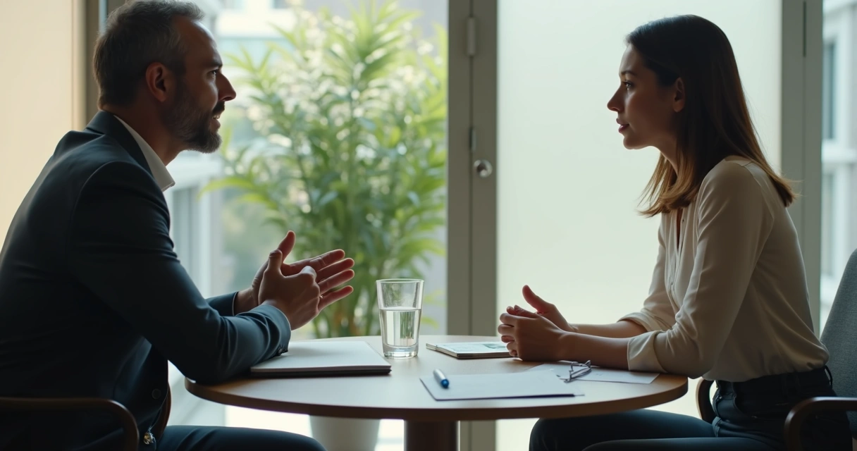 Duas pessoas em conversa profissional respeitosa 