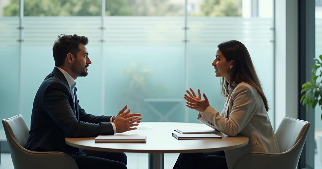 Duas pessoas em reunião profissional com expressão atenta e ambiente corporativo sóbrio