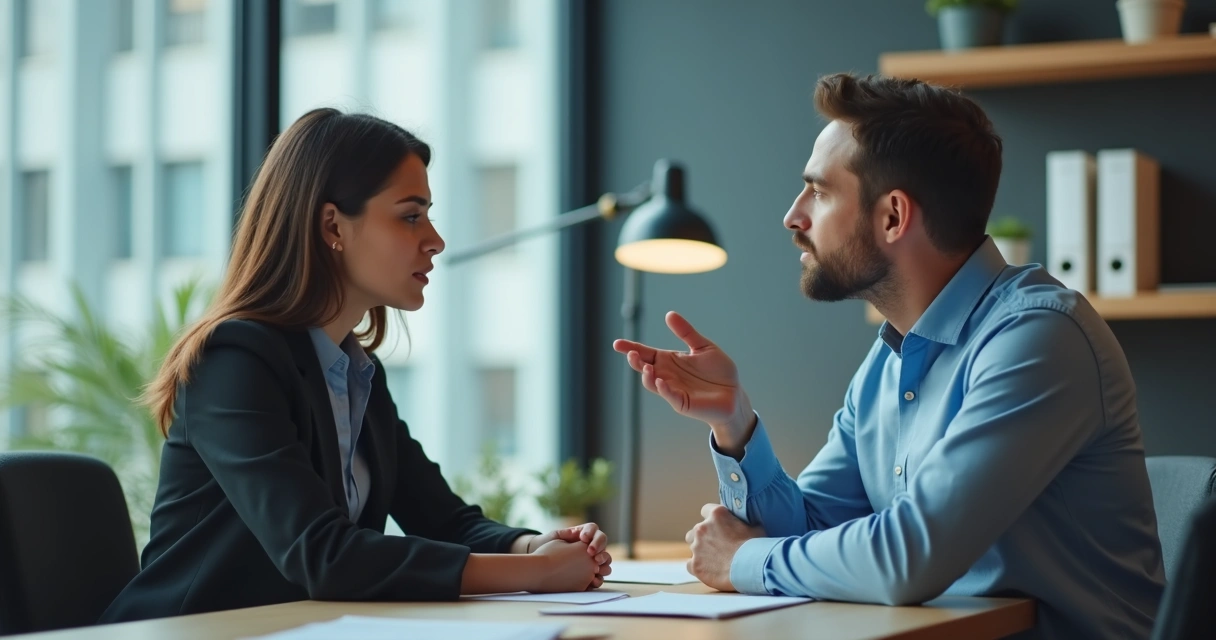 Dois colegas conversando com respeito em ambiente corporativo