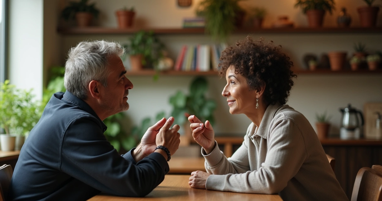 Duas pessoas conversando frente a frente em um café aconchegante 