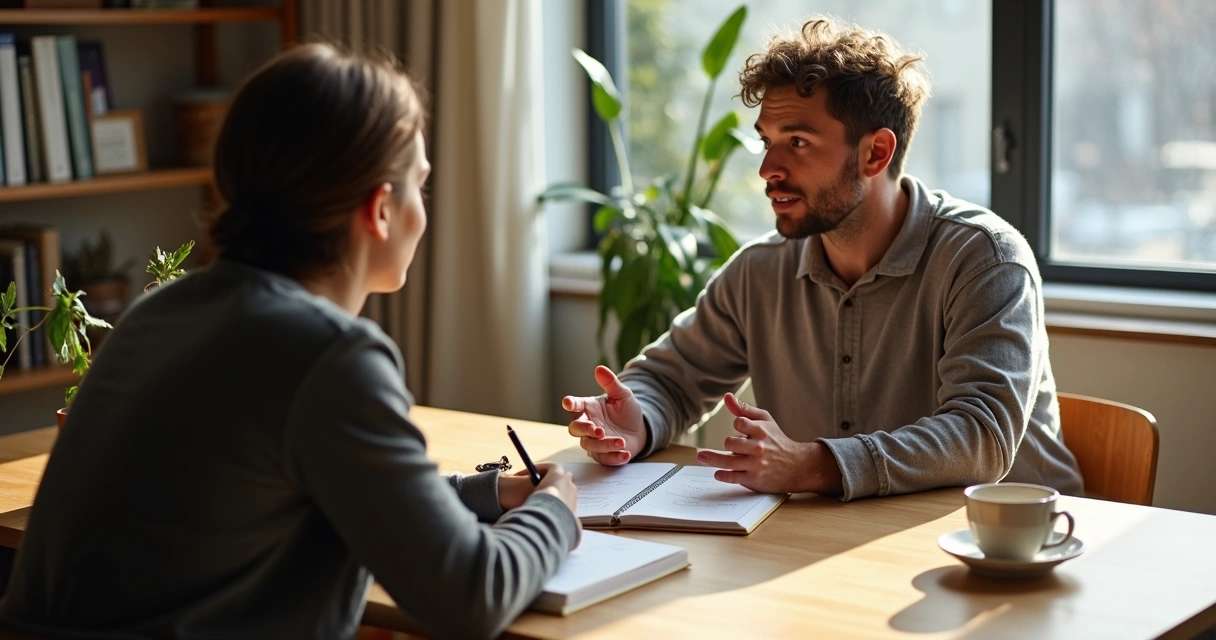 Duas pessoas conversando sobre propósito de vida em mesa com caderno e luz suave 
