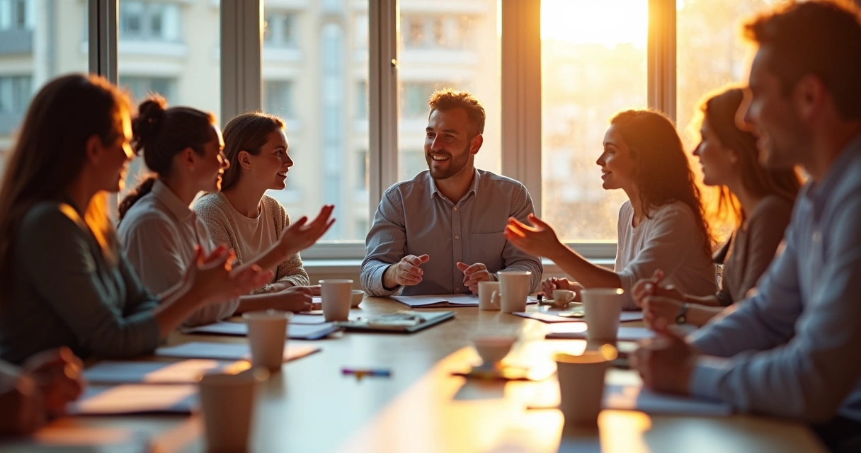 Equipe reunida em uma sala, incluindo uma pessoa sendo reconhecida pelo grupo