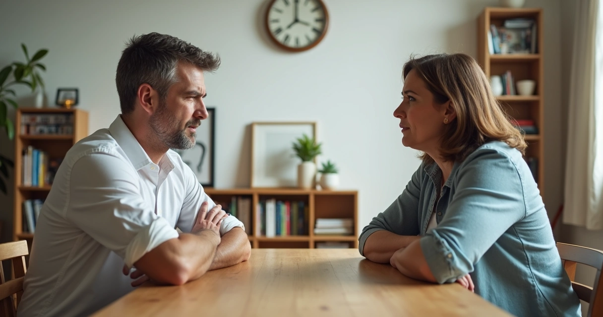 Duas pessoas conversando à mesa, uma delas visivelmente incomodada, mostrando tensão no corpo enquanto fala. 