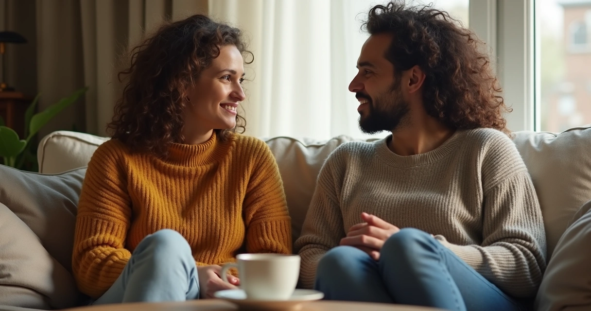 Duas pessoas conversando sentadas em um sofá, com expressões tranquilas e ambiente acolhedor. 