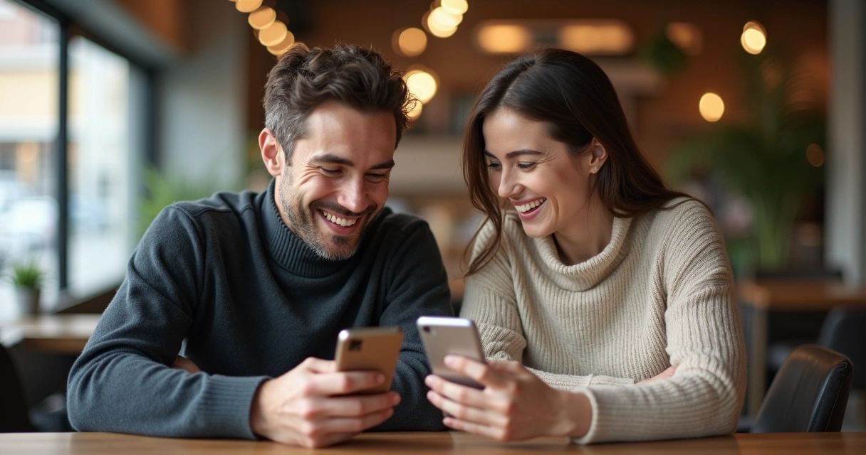 Duas pessoas com celulares sorrindo em uma cafeteria 