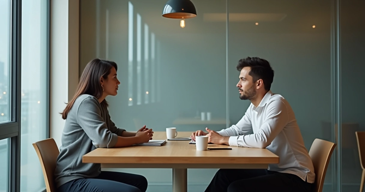 Duas pessoas em conversa enquanto uma observa o próprio reflexo 