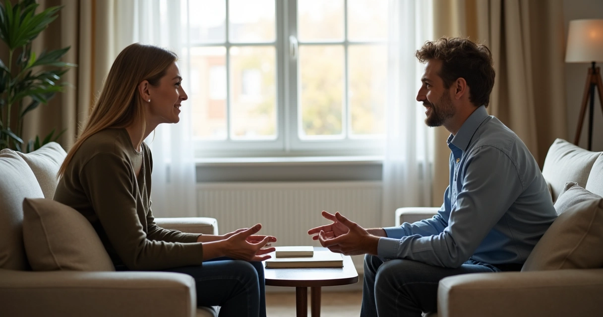 Duas pessoas em conversa calma em ambiente interno 