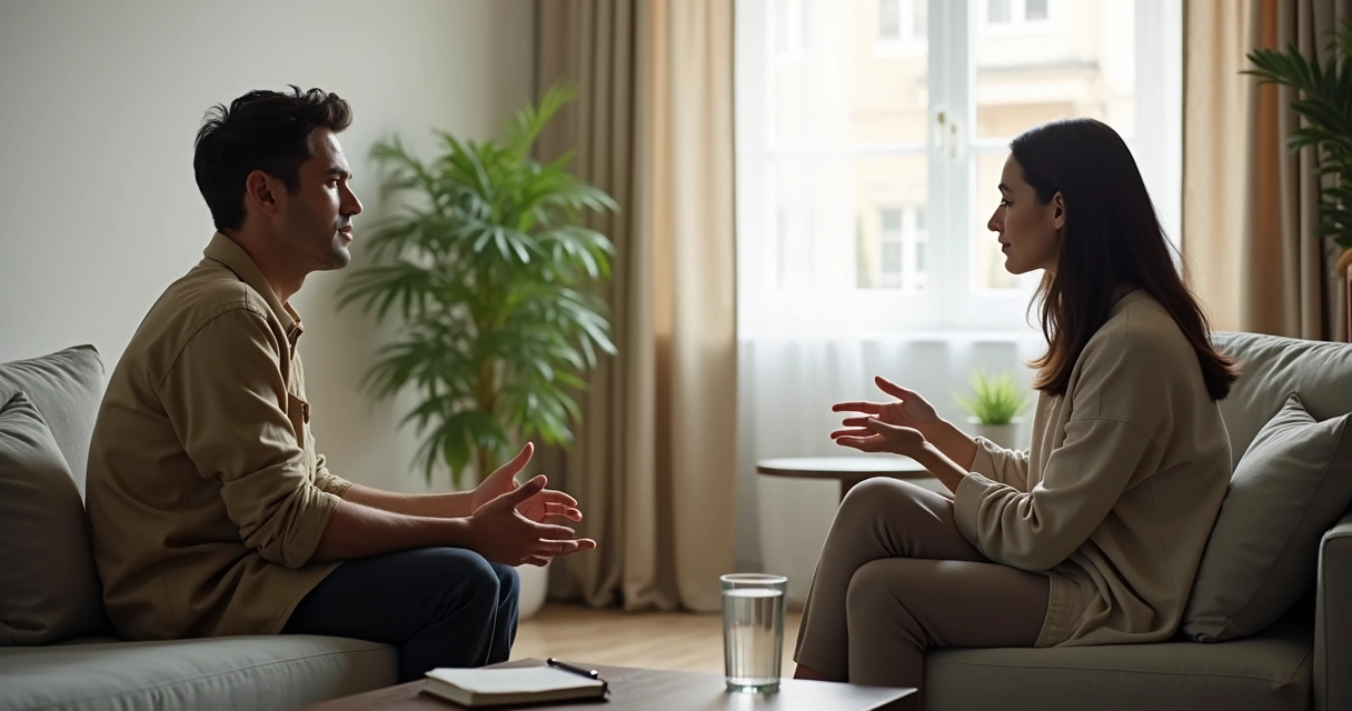 Casal em conversa calma com expressão reflexiva em ambiente interno