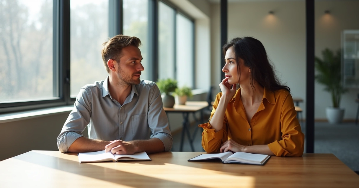 Colegas de trabalho conversando em um escritório, ambos atentos e serenos