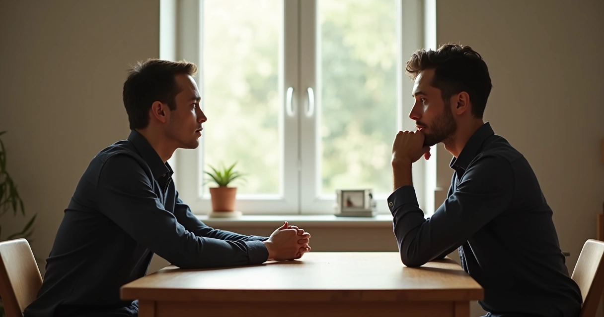 Duas pessoas sentadas conversando em tom reflexivo, com expressões de escuta e empatia, luz natural entrando pela janela 