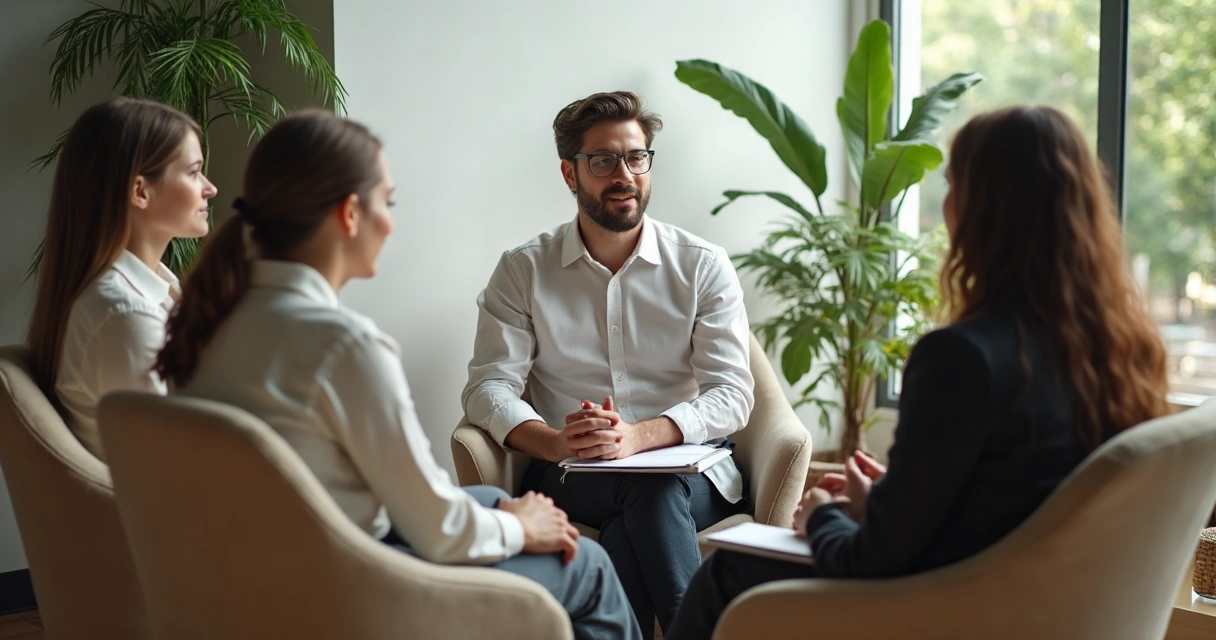 Pequeno grupo em conversa reflexiva no ambiente de trabalho 