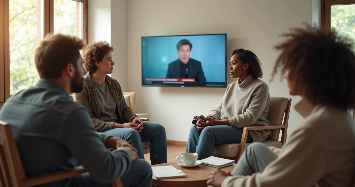 Grupo conversando calmamente após assistir notícias 