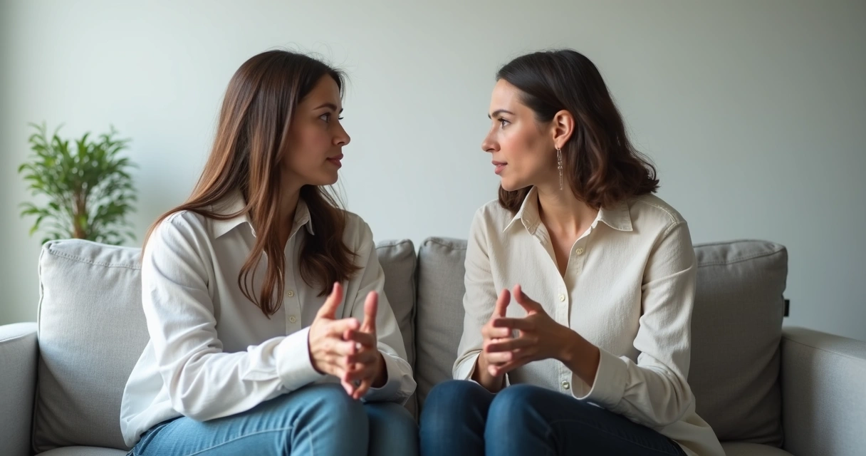 Duas pessoas sentadas em um sofá conversando de maneira tranquila