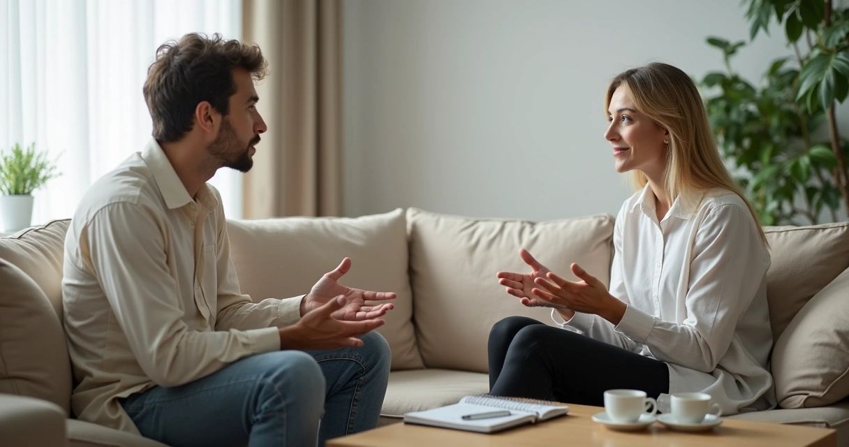 Duas pessoas conversando em ambiente calmo com foco em escuta 