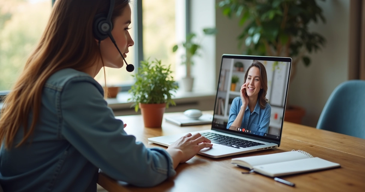 Profissional em videochamada praticando escuta ativa no trabalho remoto 