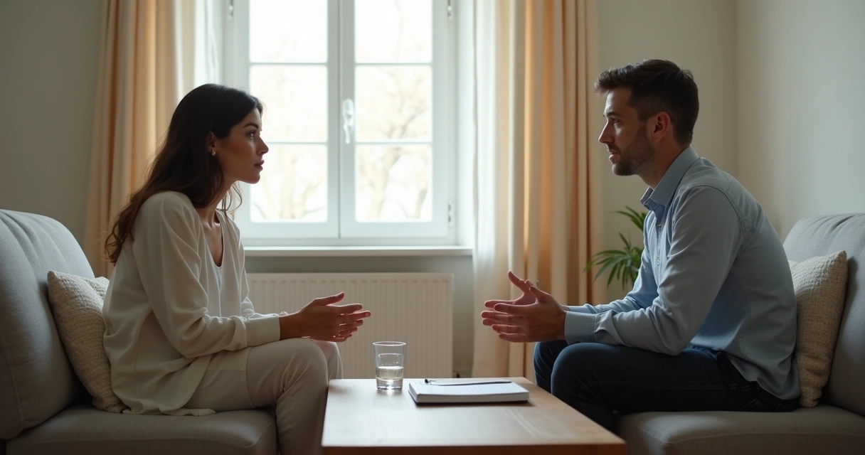 Duas pessoas conversando em ambiente calmo com distância respeitosa 