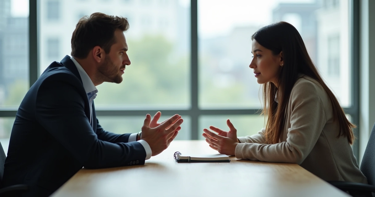 Duas pessoas resolvendo conflito com diálogo no trabalho 