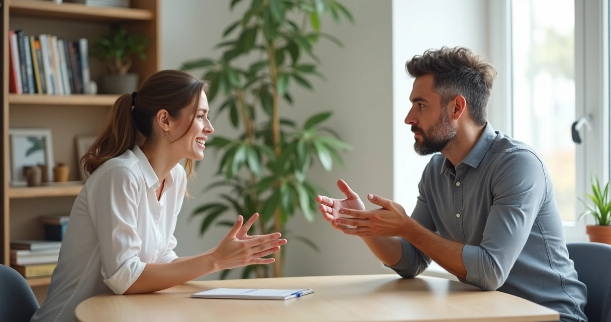 Duas pessoas sentadas frente a frente, conversando de forma calma e respeitosa em uma sala moderna 