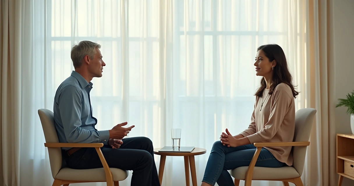Duas pessoas conversando com atenção em ambiente claro