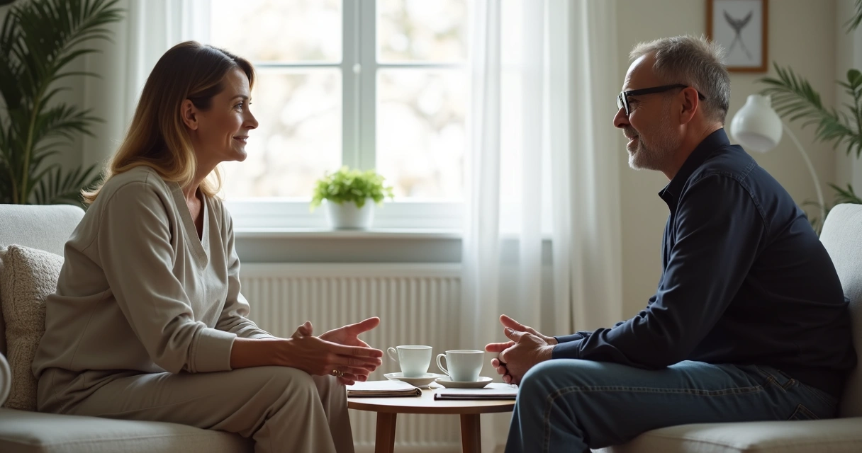 Duas pessoas conversando com atenção em ambiente claro