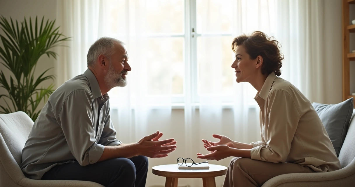 Duas pessoas conversando com calma em uma sala clara