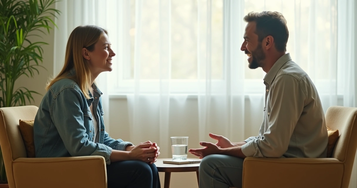 Duas pessoas conversando com atenção em ambiente claro e calmo