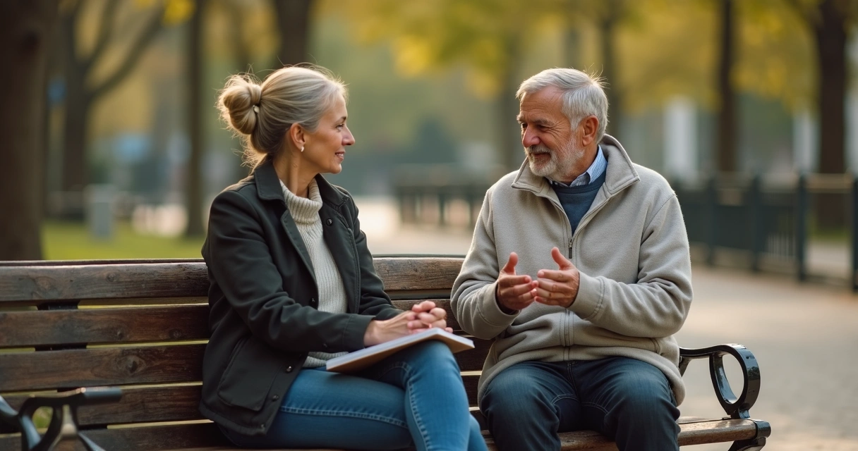 Duas pessoas conversando com calma em um banco de praça 