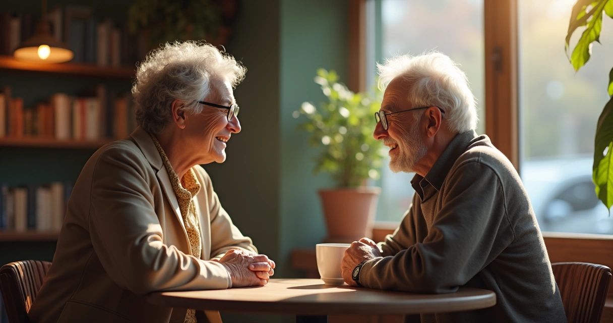 Duas pessoas sentadas conversando em uma cafeteria 