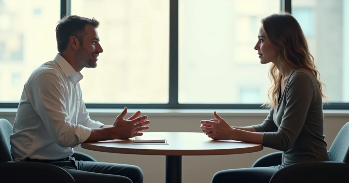 Duas pessoas sentadas frente a frente conversando de modo respeitoso e calmo