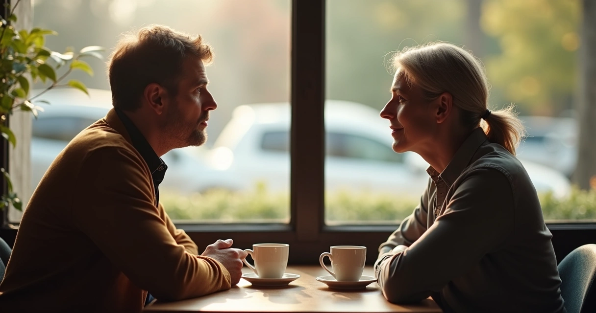 Duas pessoas conversando com escuta atenta em um café tranquilo