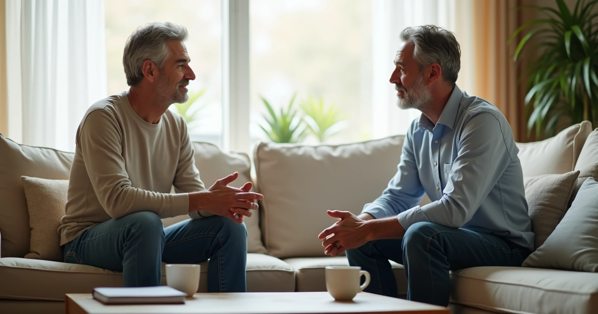 Duas pessoas conversando com calma em uma sala clara