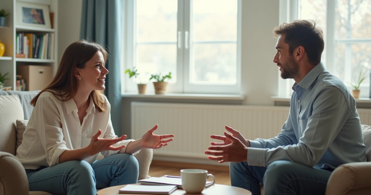 Casal conversando com calma em um ambiente claro 