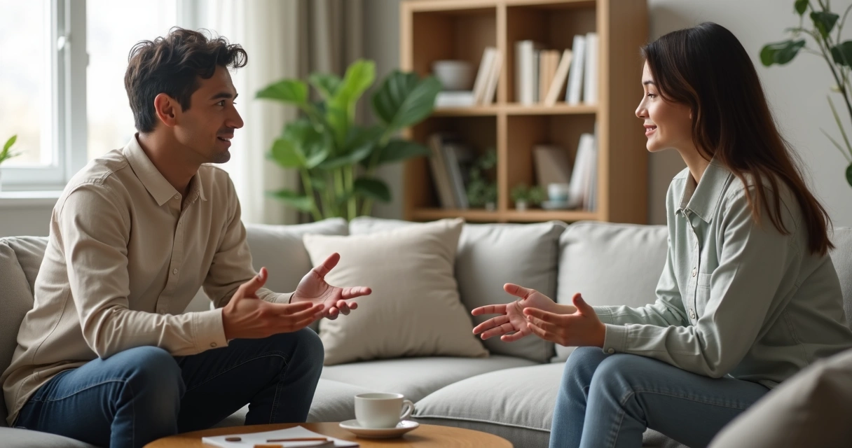 Casal conversando com calma em sala iluminada
